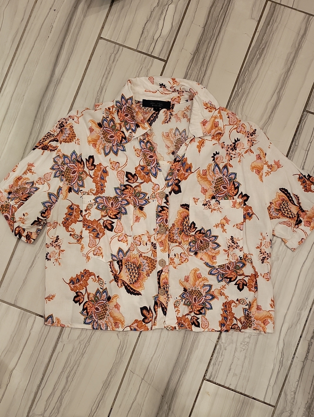 Rachel Roy Floral Print Short Sleeve Button-Front Top